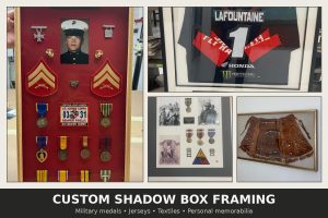 Collage of custom shadow box framing projects by Frame Master Galleries featuring military medals, a motocross jersey, World War II memorabilia and an embroidered textile.